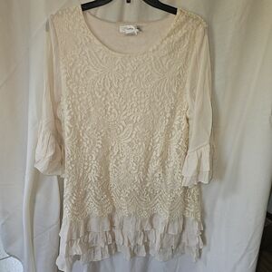 Chic Cream Lace Blouse with Ruffle Sleeves